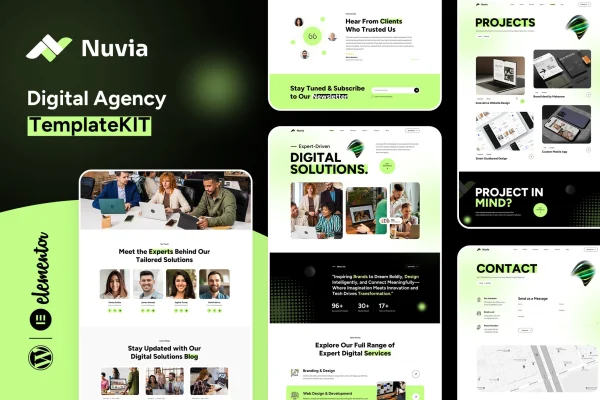 Nuvia digital agency Elementor template kit cover image with page layout previews