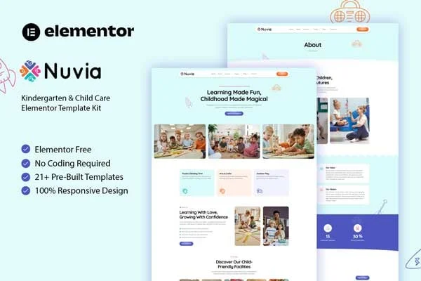 Nuvia kindergarten and child care Elementor template kit preview