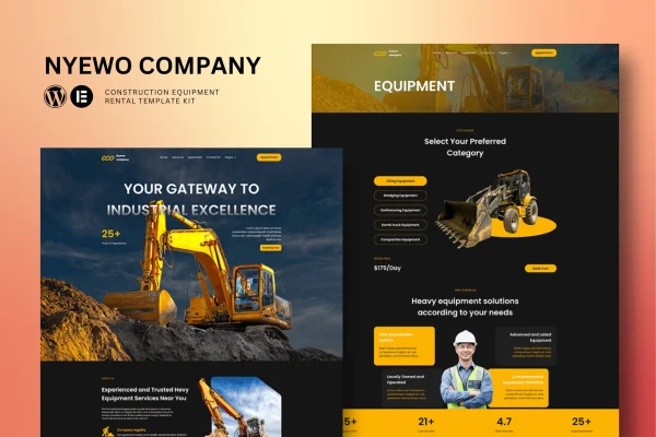 Nyewo construction equipment rental Elementor template kit preview