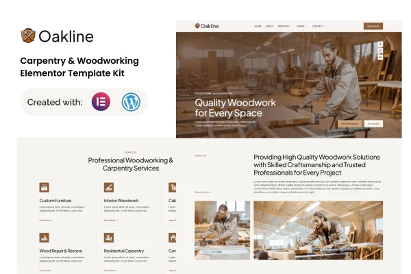 Oakline carpentry and woodworking Elementor template kit preview