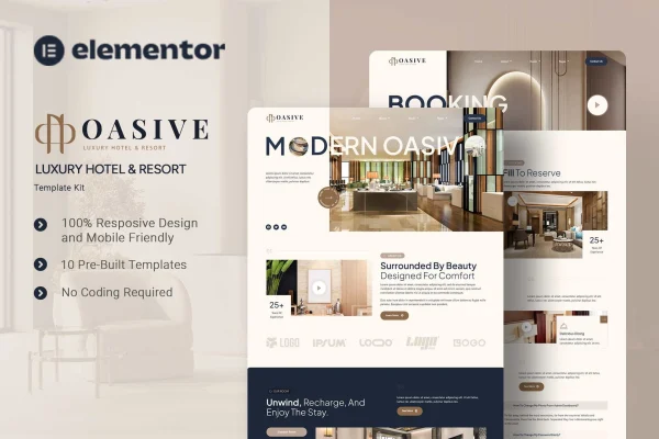 Oasive luxury hotel and resort Elementor template kit preview