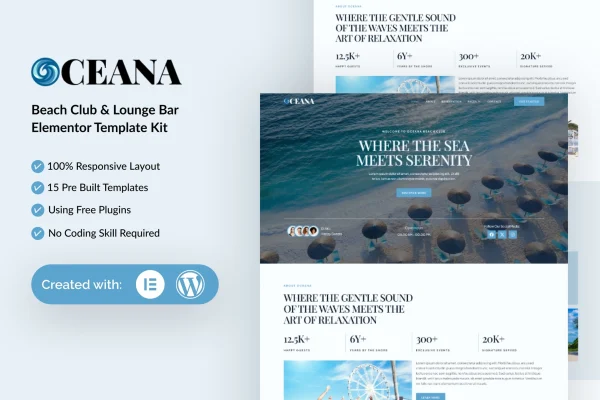 Oceana beach club lounge bar and resort Elementor template kit preview