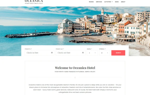 Oceanica hotel WordPress theme cover showing a resort website layout