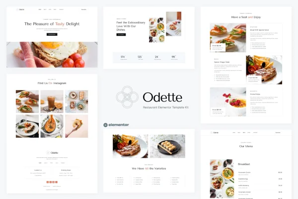 Odette restaurant Elementor template kit cover showing page layouts