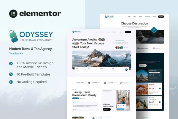 Odyssey travel and trip agency Elementor template kit preview