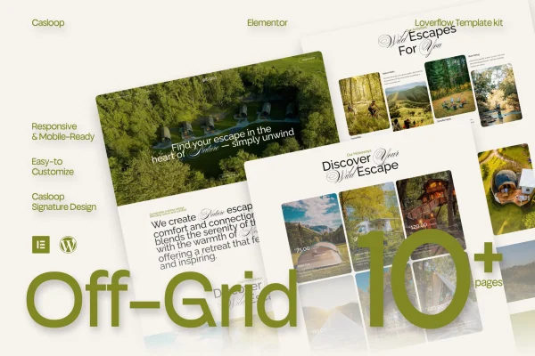 Off-Grid glamping Elementor template kit cover with nature-inspired page layouts