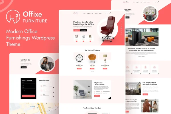 Offixe furniture WordPress theme preview with modern furniture product layouts
