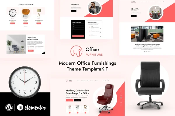 Offixe furniture Elementor template kit cover showing modern office furniture page designs