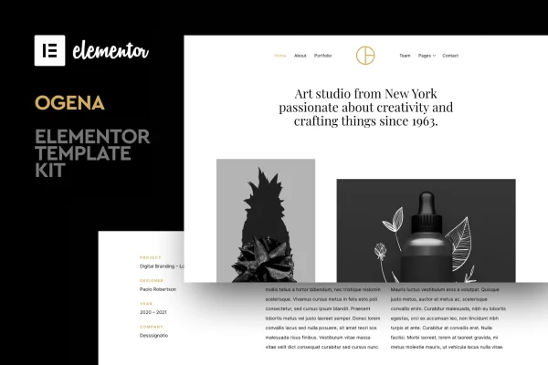 Ogena minimal Elementor template kit preview with clean portfolio and blog page layouts
