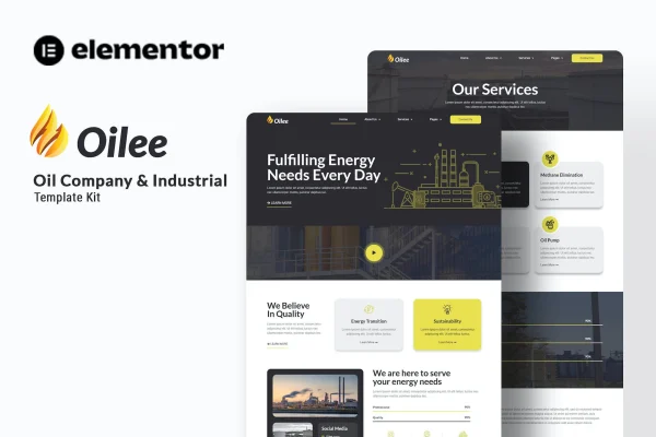 Oilee Elementor template kit preview for oil and industrial company websites
