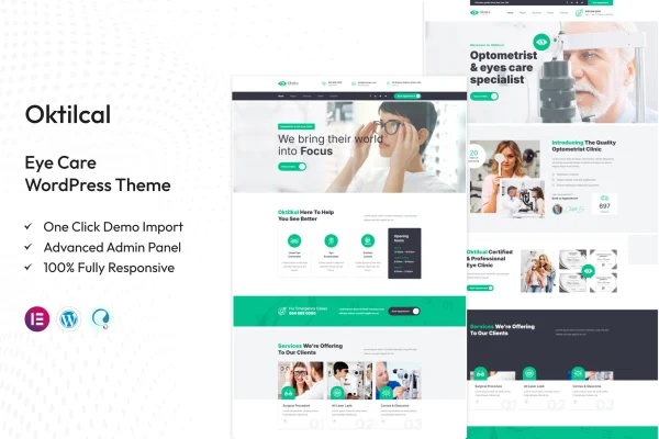 Oktilcal eye care WordPress theme preview with clinic homepage layout