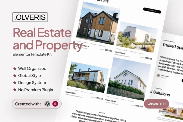 Olveris real estate and property Elementor template kit preview