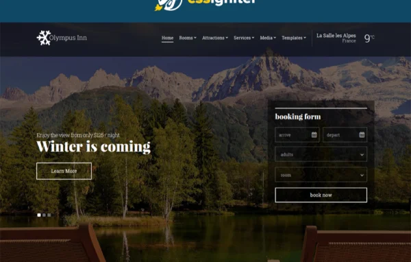 Olympus Inn hotel WordPress theme preview with Aegean-inspired design