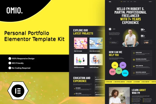 Omio personal portfolio Elementor template kit preview