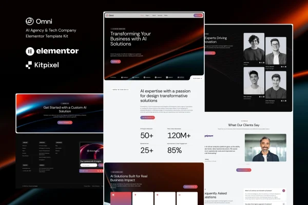 Omni AI agency and tech company Elementor template kit page previews