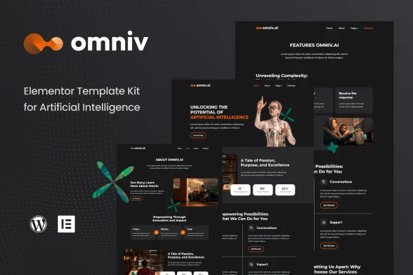 Omniv AI Elementor template kit preview showing AI website page layouts