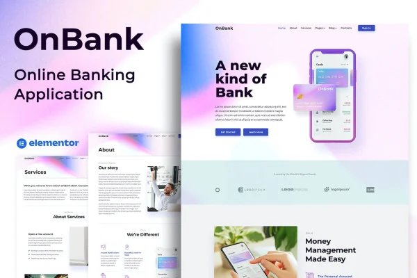 OnBank Elementor template kit preview for online banking and money transfer websites