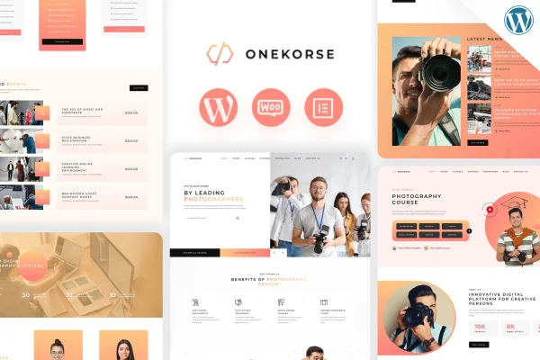 Onekorse LMS education WordPress theme cover showing course pages