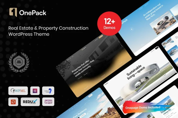 OnePack real estate and property construction WordPress theme preview