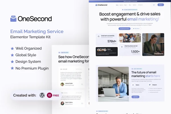OneSecond email marketing service Elementor template kit preview