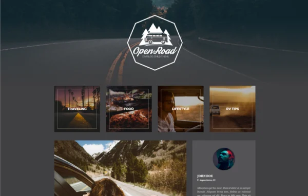 Open Road Child Theme preview showing a clean neutral blog layout