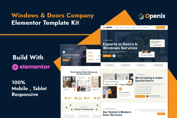 Openix windows and doors company Elementor template kit preview