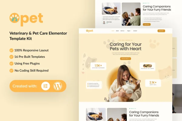 Opet veterinary and pet care Elementor template kit preview