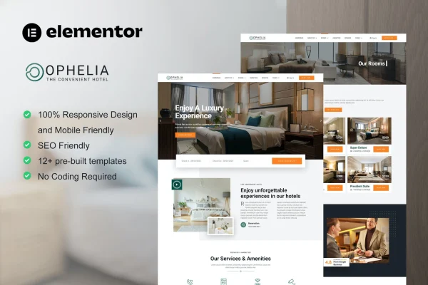 Ophelia hotel and resort Elementor template kit preview