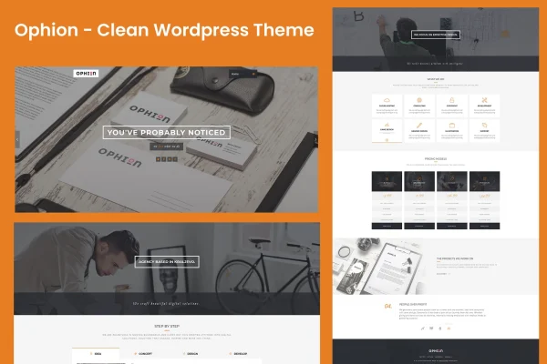 Ophion clean WordPress theme preview showing a minimal website layout