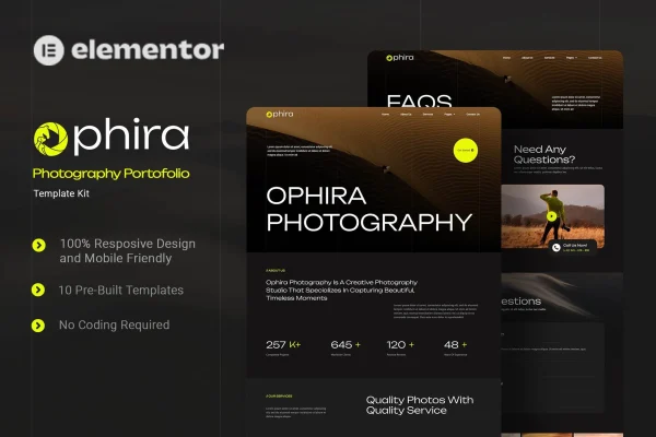 Ophira photography portfolio Elementor template kit preview