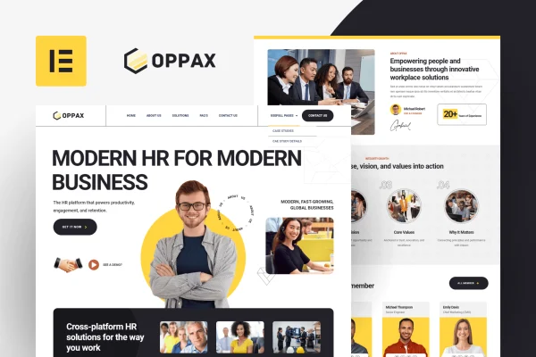 Oppax HR Solutions Elementor template kit cover showing page layouts