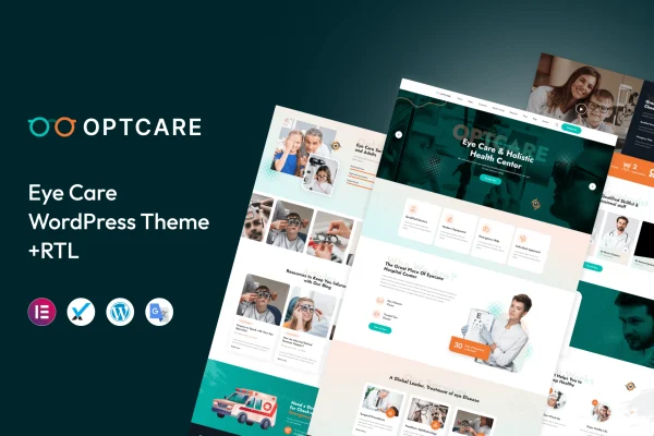 Optcare eye care WordPress theme preview with clinic homepage layout