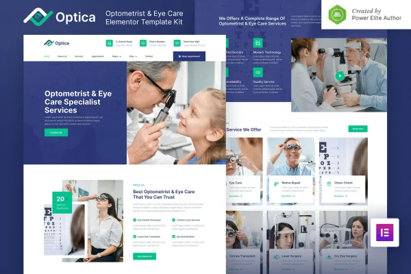 Optica optometrist and eye care Elementor template kit preview