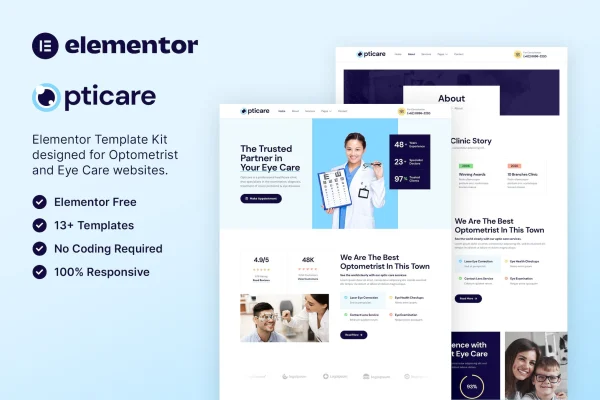Opticare optometrist and eye care Elementor template kit preview
