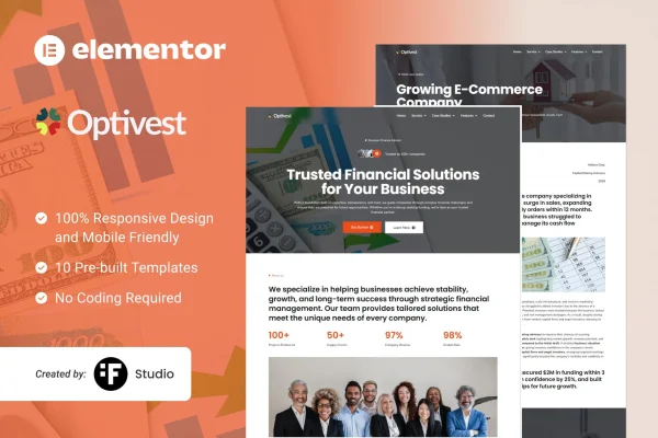Optivest financial and investment Elementor template kit preview