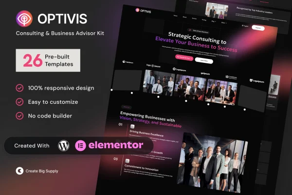 Optivis consulting and business advisor Elementor template kit preview