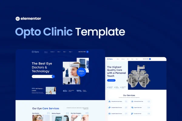Opto eye care center Elementor Pro template kit preview