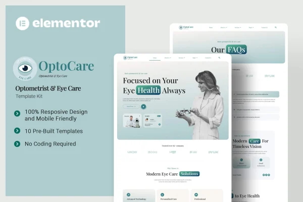 Optocare optometrist and eye care Elementor template kit preview
