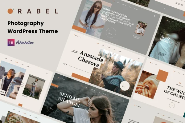 Orabel photography portfolio WordPress theme cover with sample gallery layouts