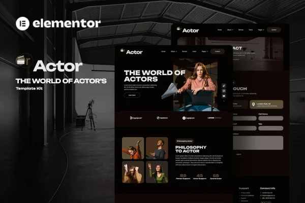 Oractor actor agency Elementor template kit preview showing portfolio page layouts