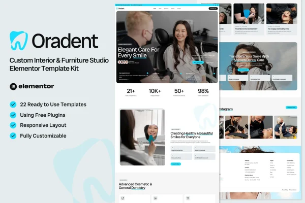 Oradent cosmetic dental clinic Elementor template kit preview