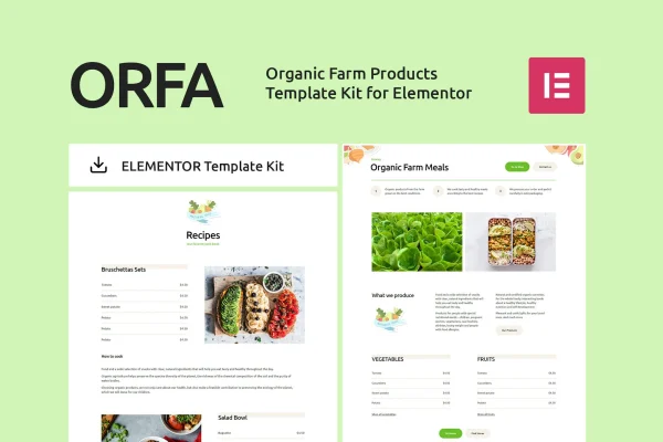 ORFA organic farm products Elementor template kit cover with farm produce pages