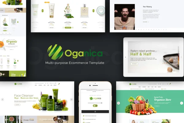 Organica WooCommerce theme preview showing an organic products store homepage
