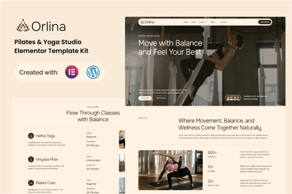 Orlina Pilates and yoga studio Elementor template kit preview