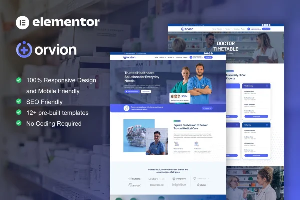 Orvion pharmacy and medical service Elementor Pro template kit preview