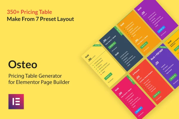 Osteo - Pricing Table for Elementor plugin banner showing sample pricing tables