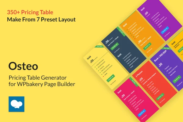 Osteo - Pricing Table for WPbakery plugin banner with sample pricing table layouts
