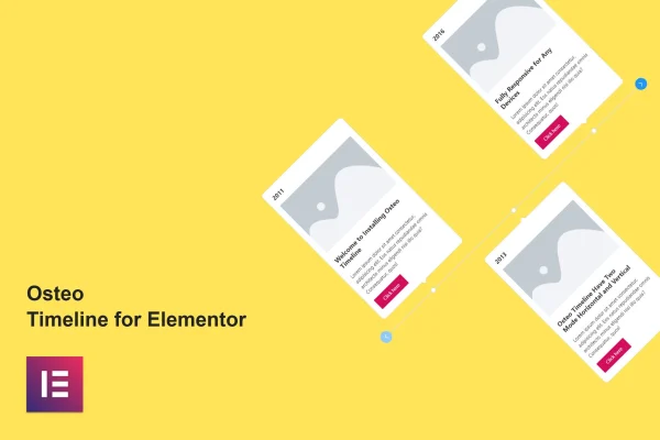 Osteo Timeline for Elementor plugin banner showing a sample timeline layout