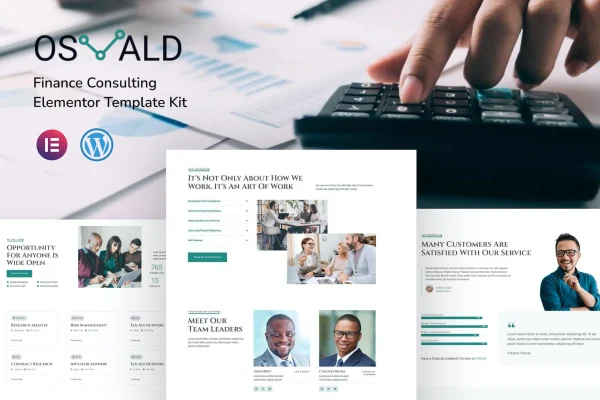 Osvald finance consulting Elementor template kit cover showing website page layouts