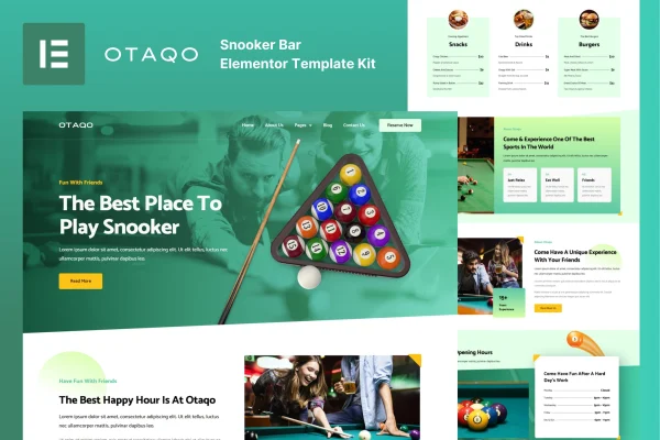 Otaqo snooker and pool bar Elementor template kit preview
